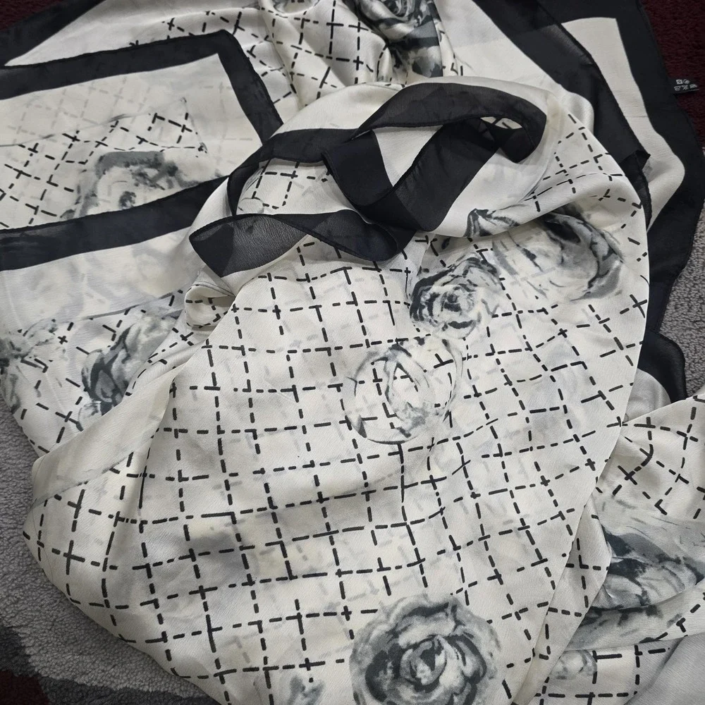 Luxury 100% Mulberry Silk Long‎ Scarf - Elegant Black & White Floral Camellia...